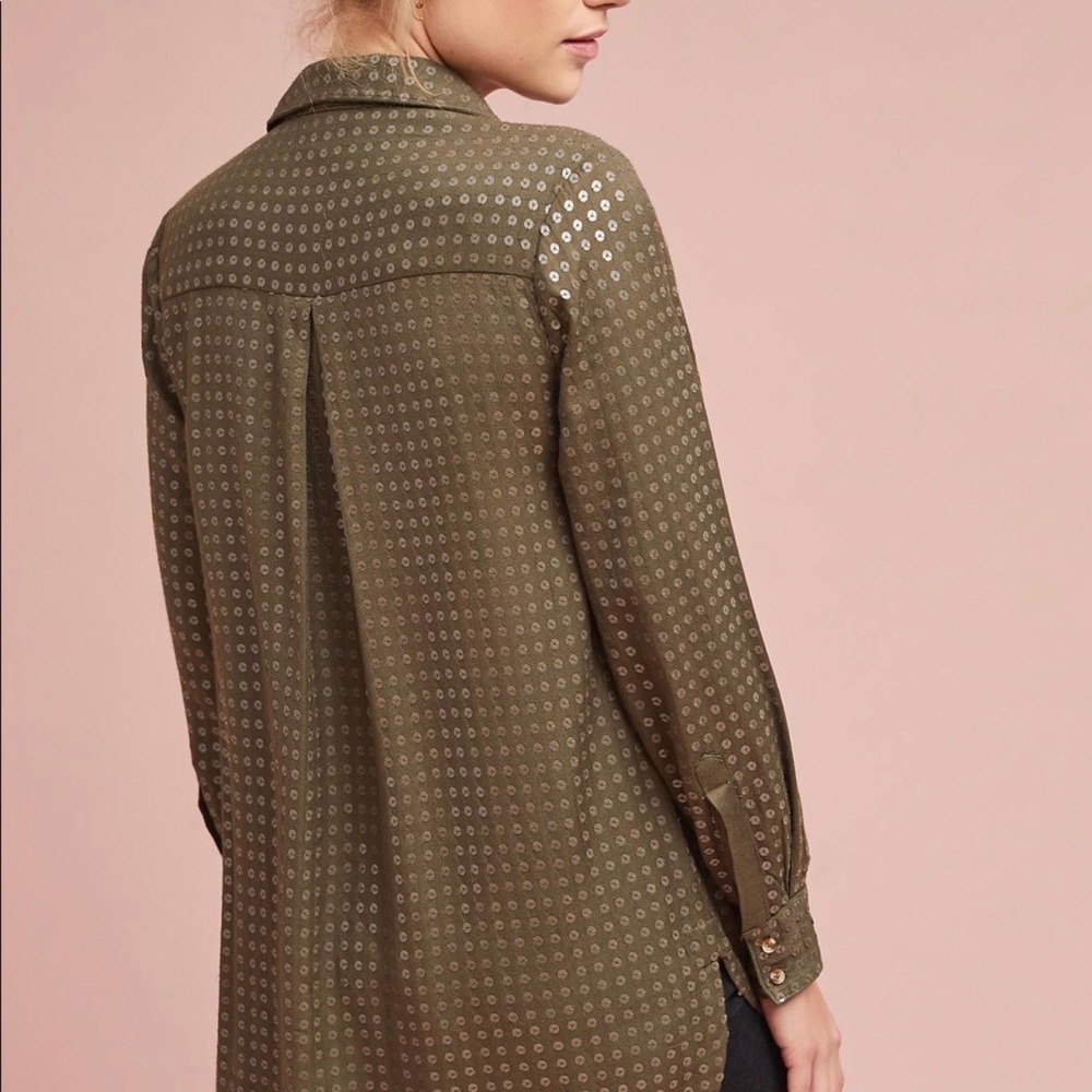 Maeve Anthropologie Olive Green Arwa Sequin Button Up Top Size Small - Picture 7 of 9